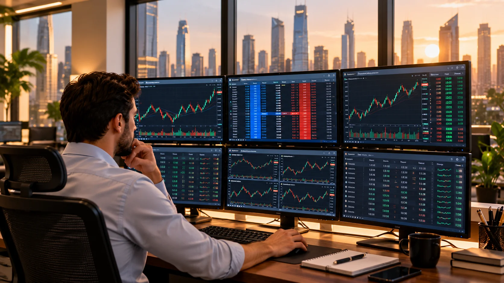A dealer watching price feeds across several monitors