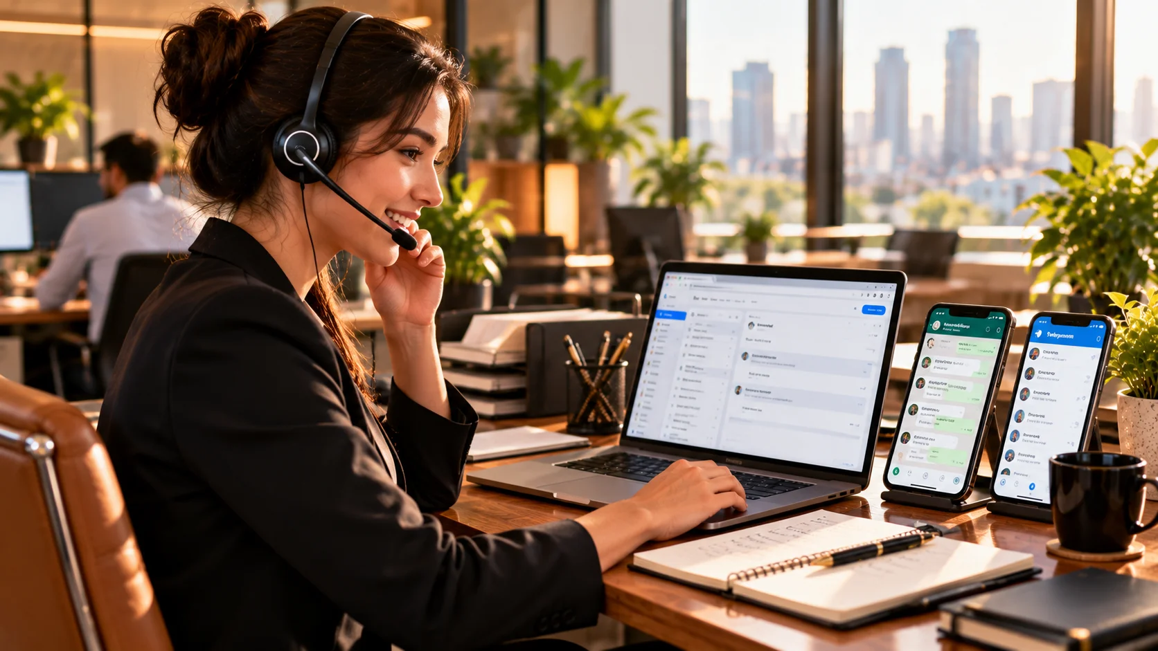 A woman on a call with messaging apps open