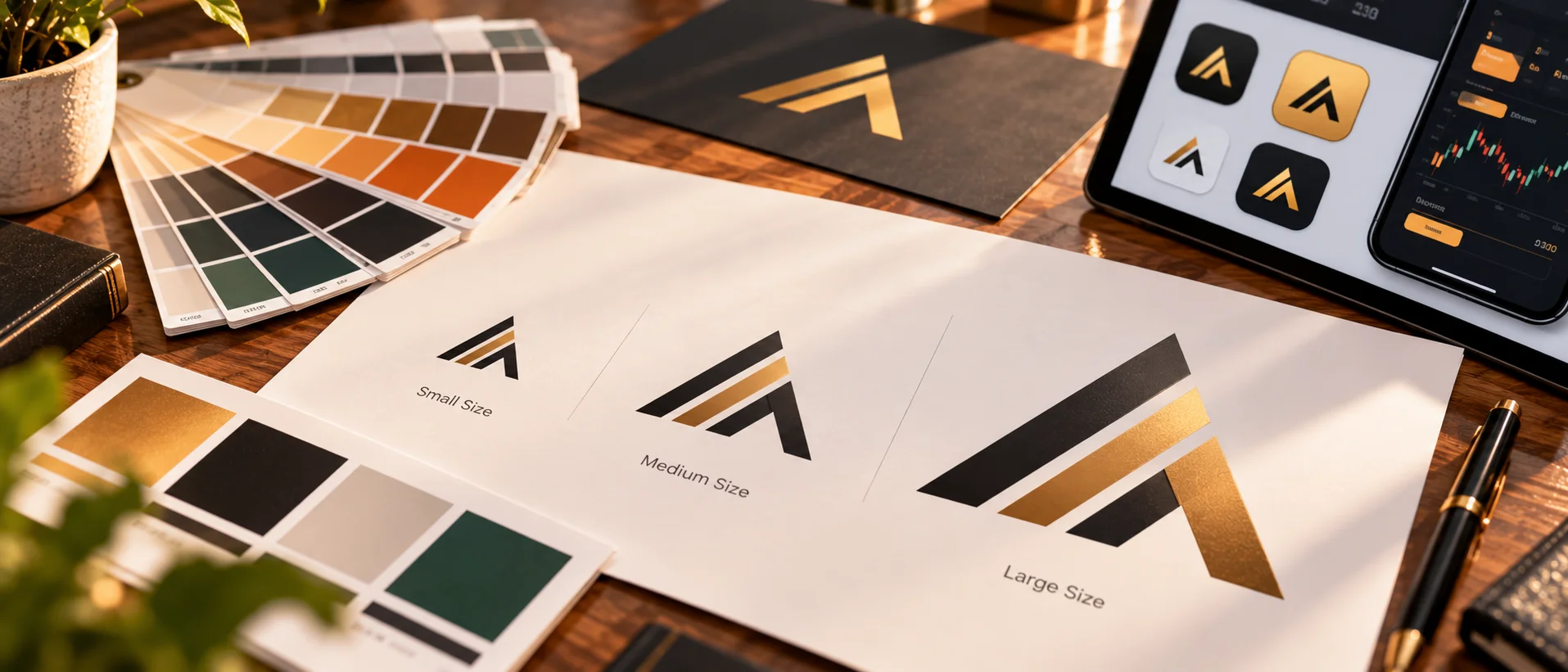 A logo printed at small, medium and large sizes