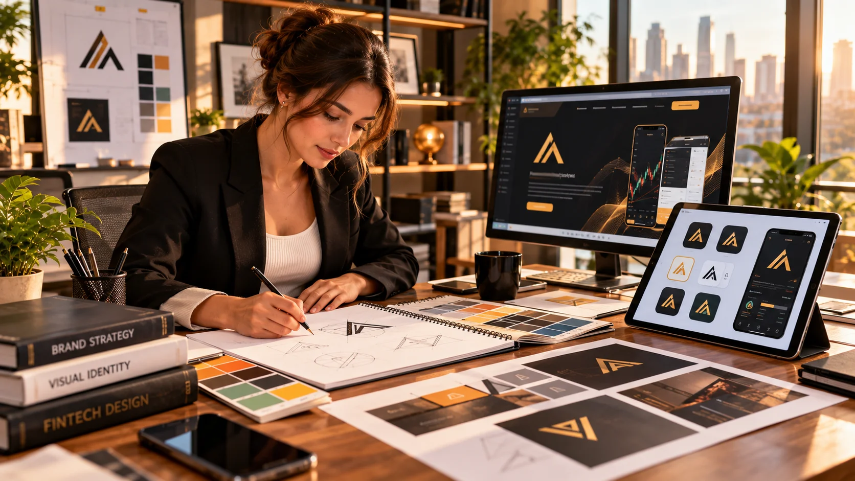 A designer sketching a logo with swatches