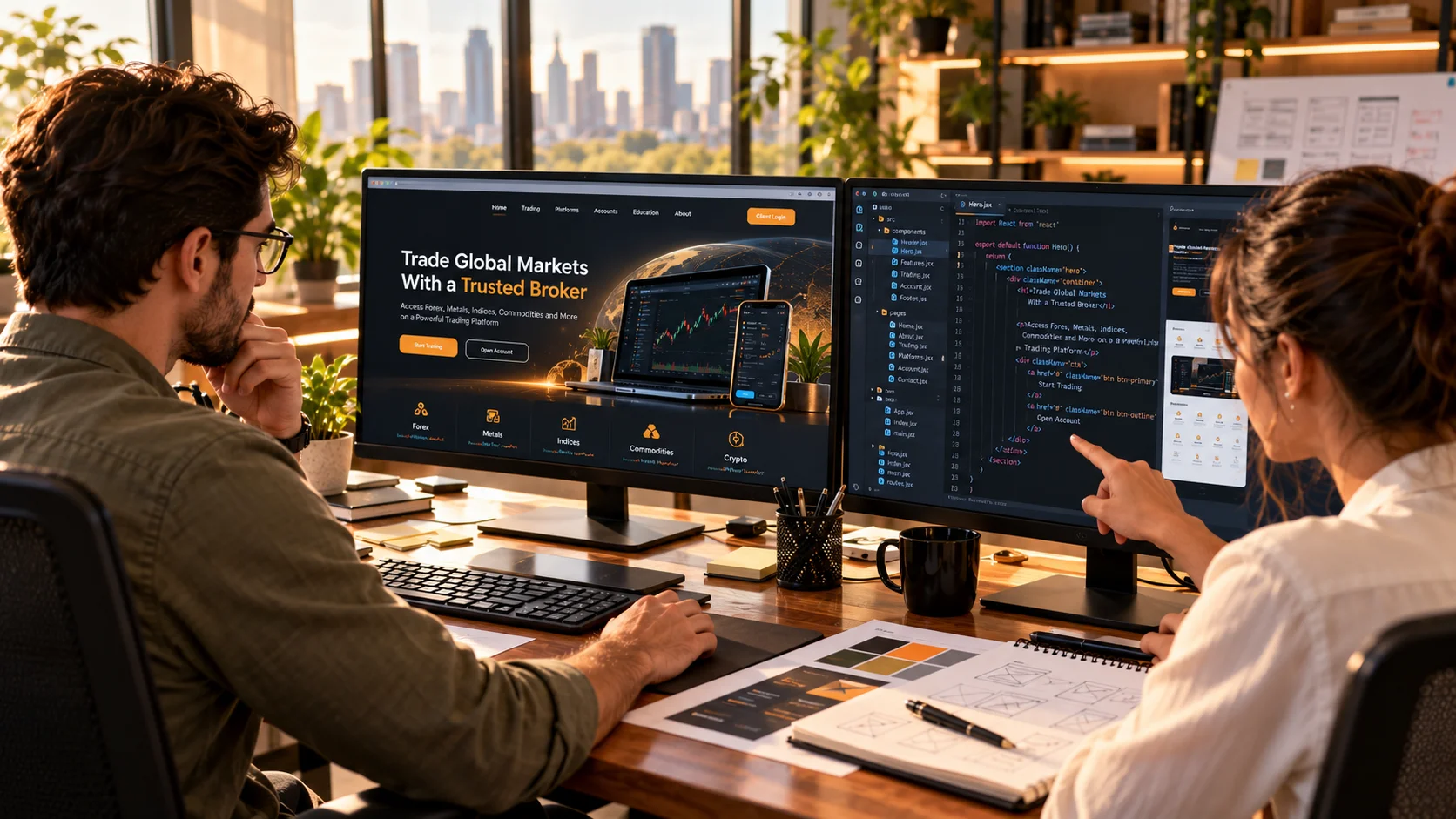 Two developers at dual monitors