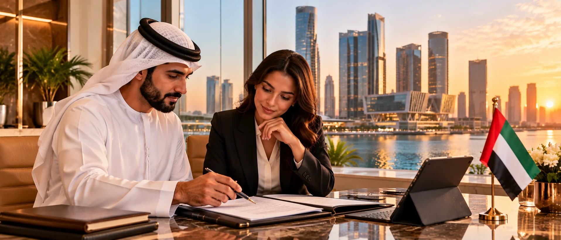 Two professionals reviewing a contract by a harbour window