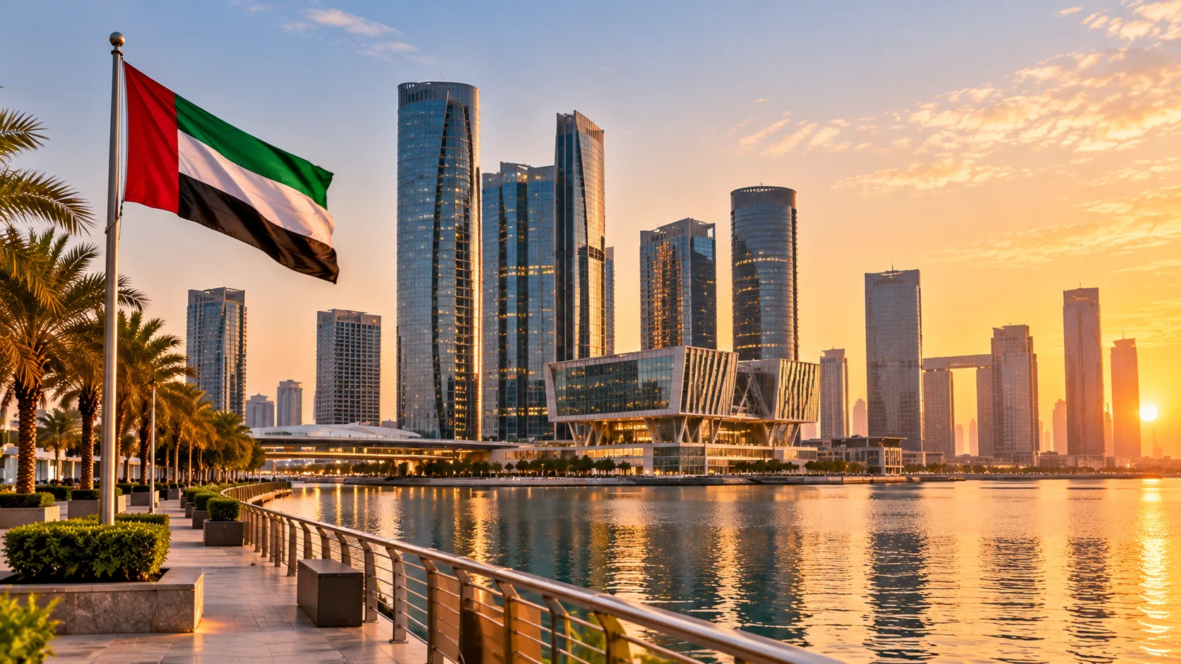 Abu Dhabi waterfront skyline with the UAE flag