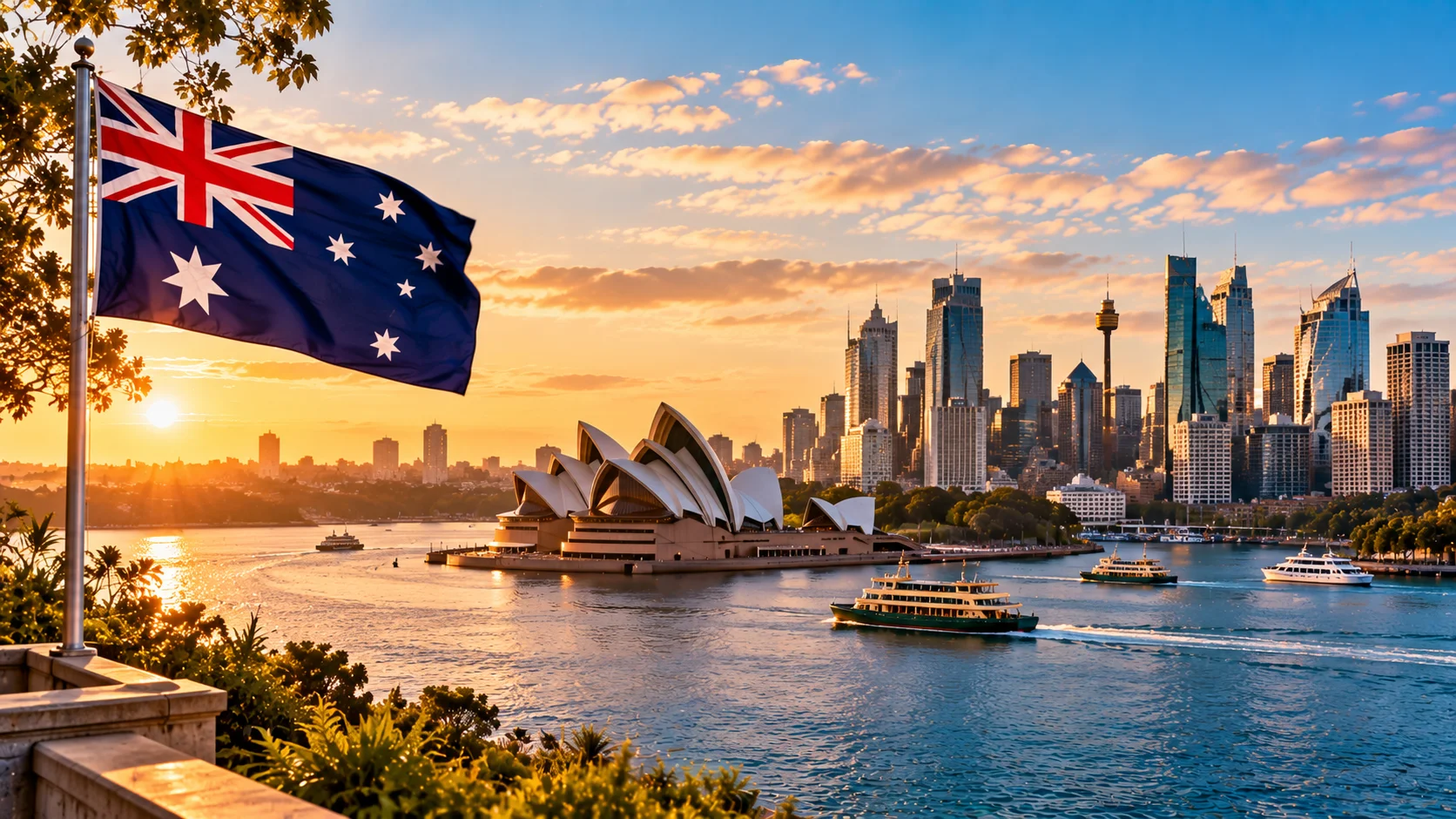 A harbour skyline at sunrise with the Australian flag