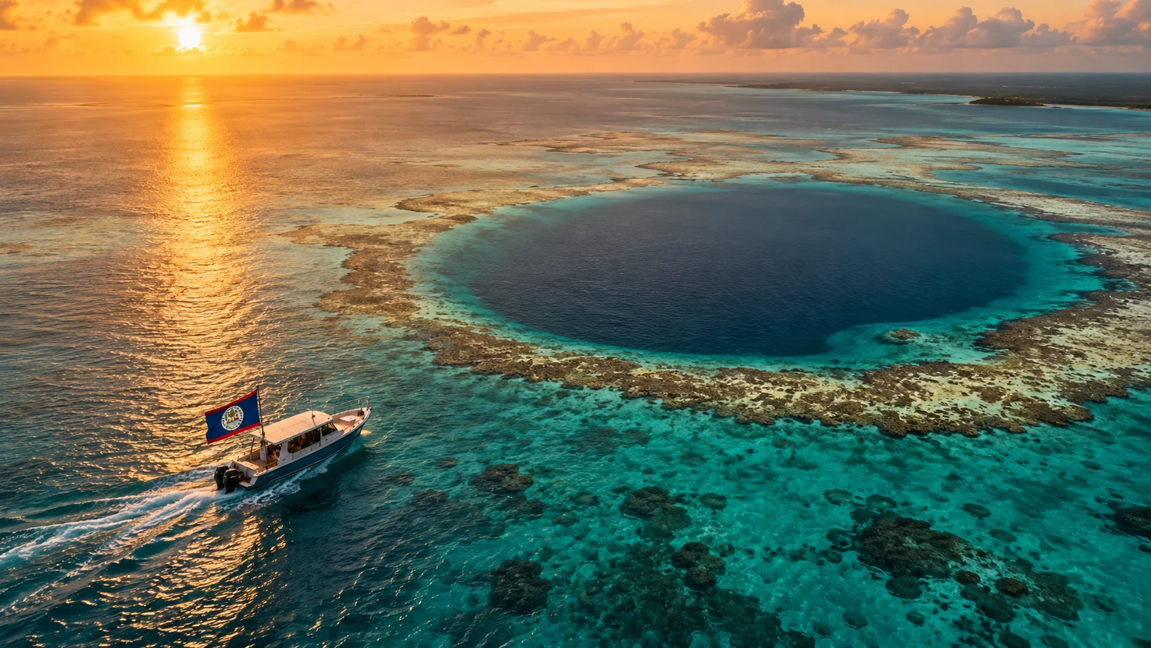 A Belize barrier reef with a boat flying the flag