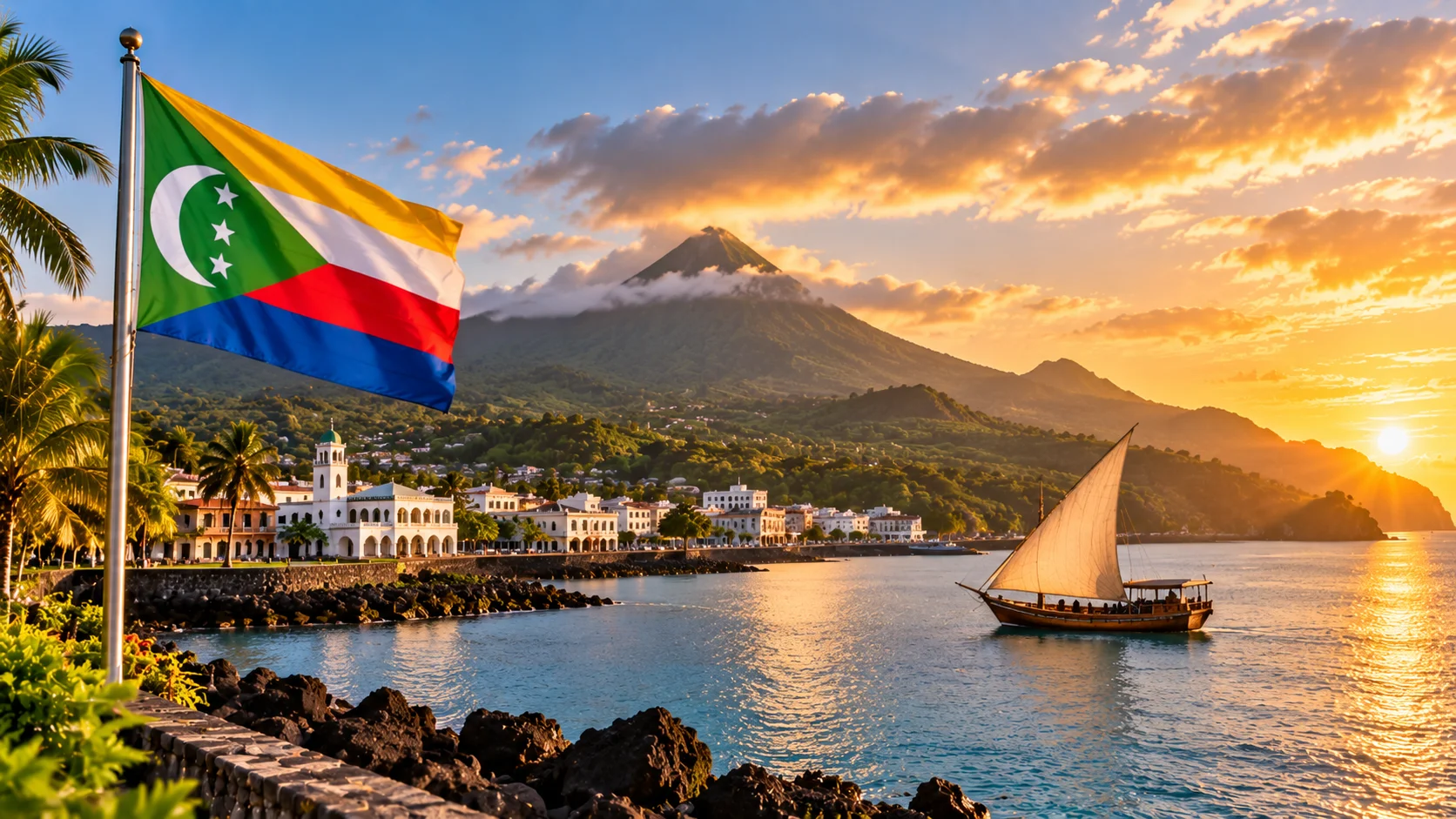 A Comoros coastline with a dhow and the national flag