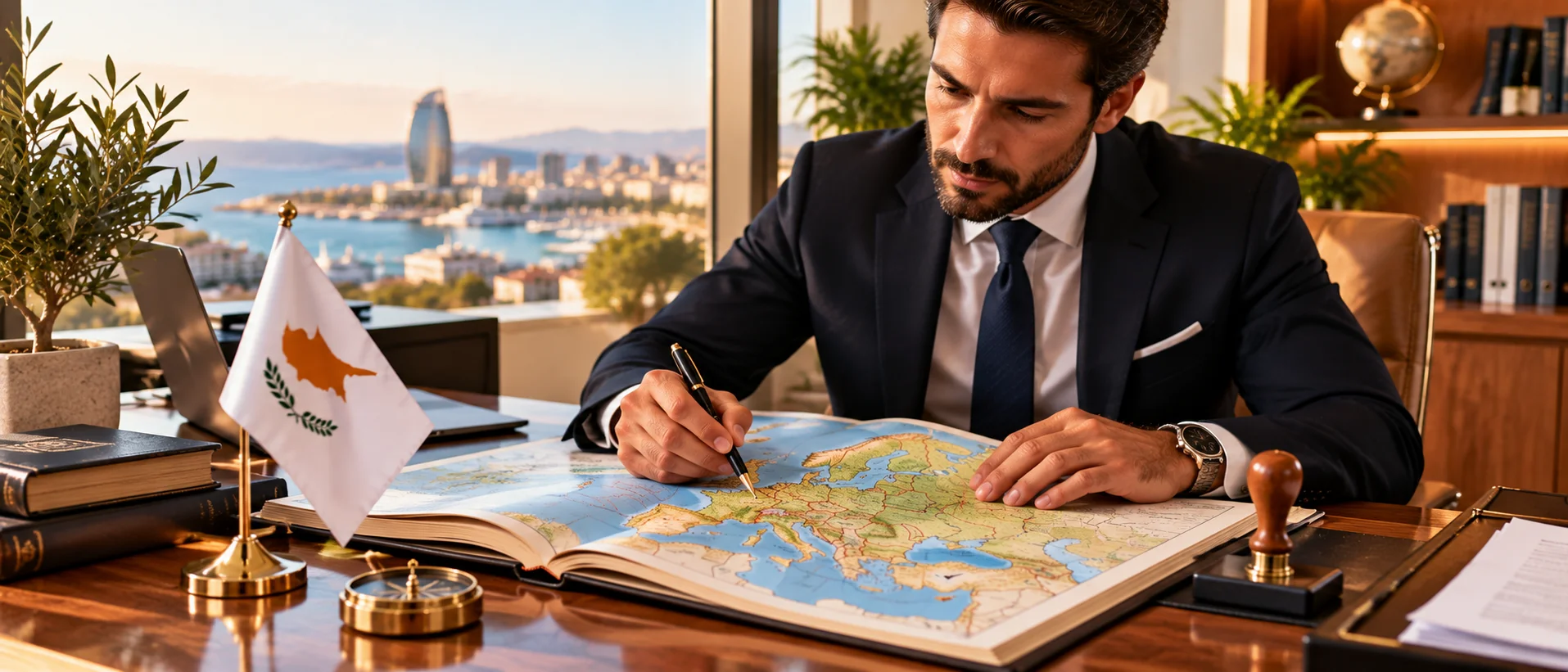 A man with an atlas of Europe and a Cyprus flag