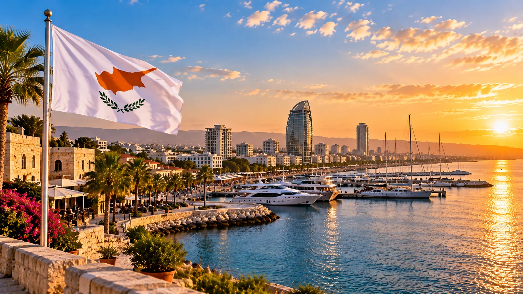 Limassol coast and marina with the Cyprus flag