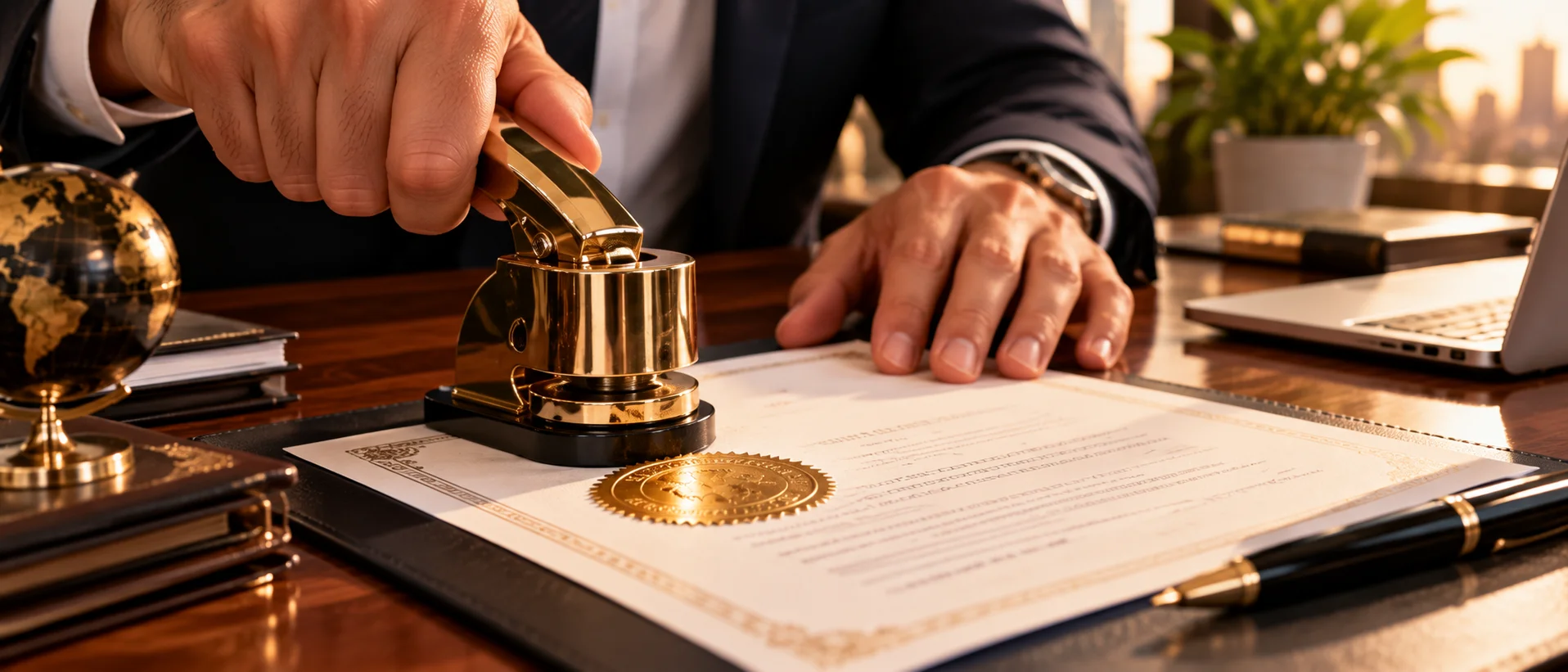 Hands pressing a corporate seal onto a certificate