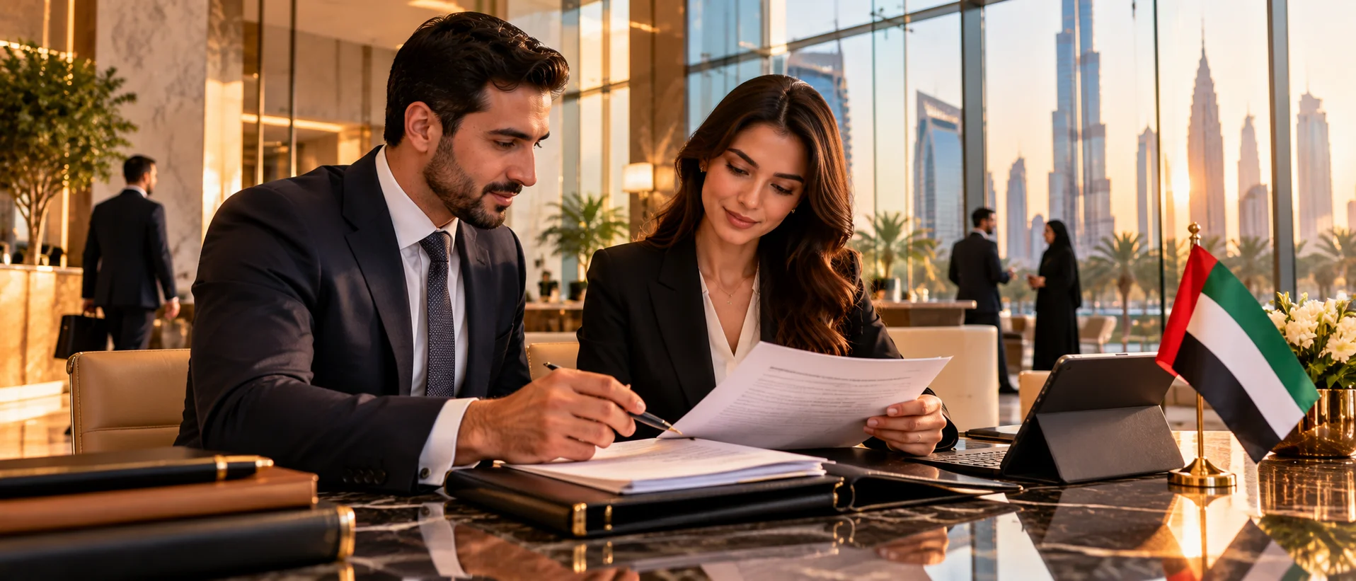 Professionals reviewing documents in a glass lobby