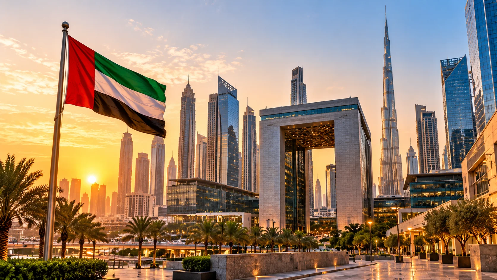 Dubai financial district skyline with the UAE flag