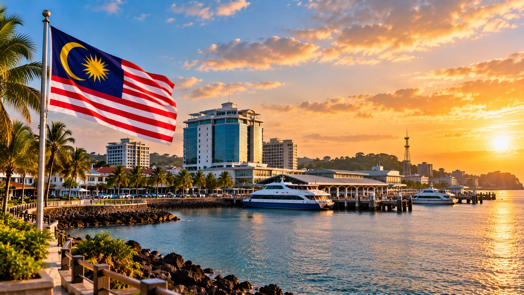 A Labuan waterfront with the Malaysian flag