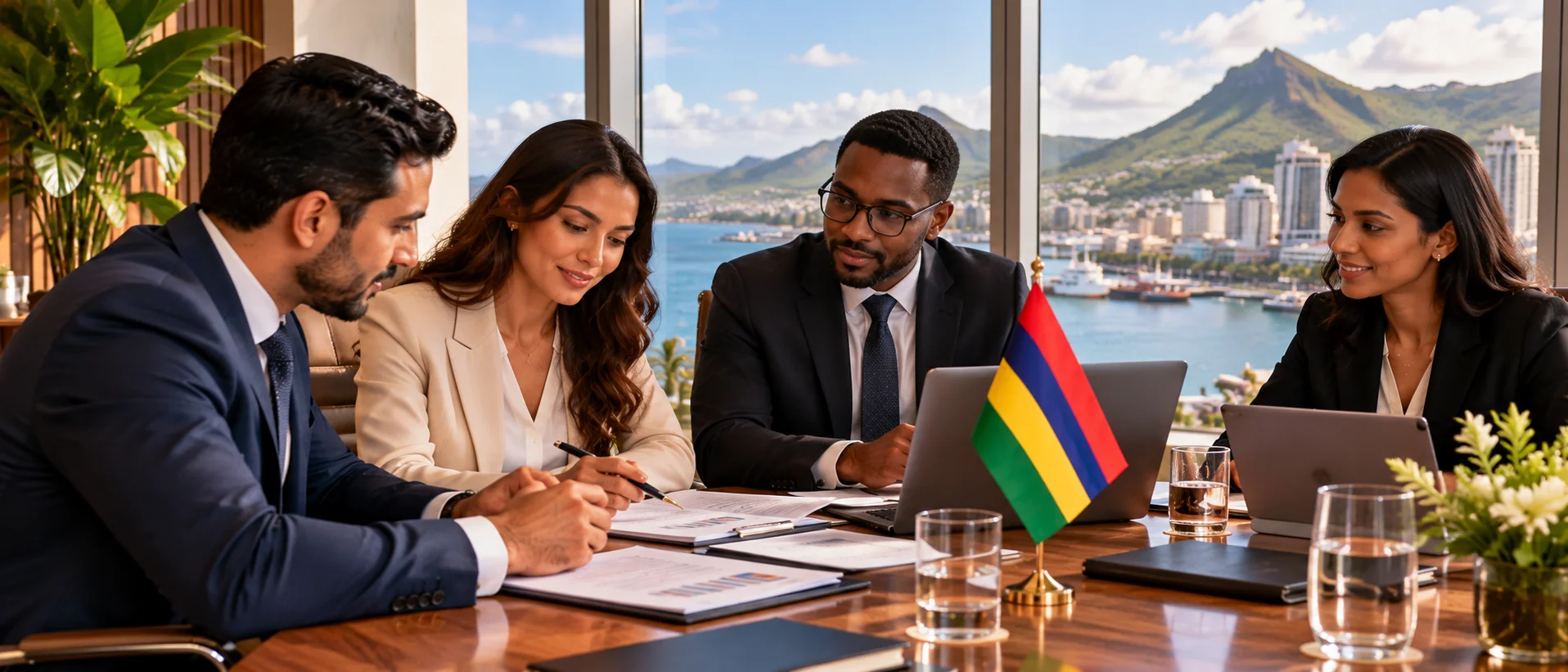 A boardroom meeting with a Mauritius desk flag