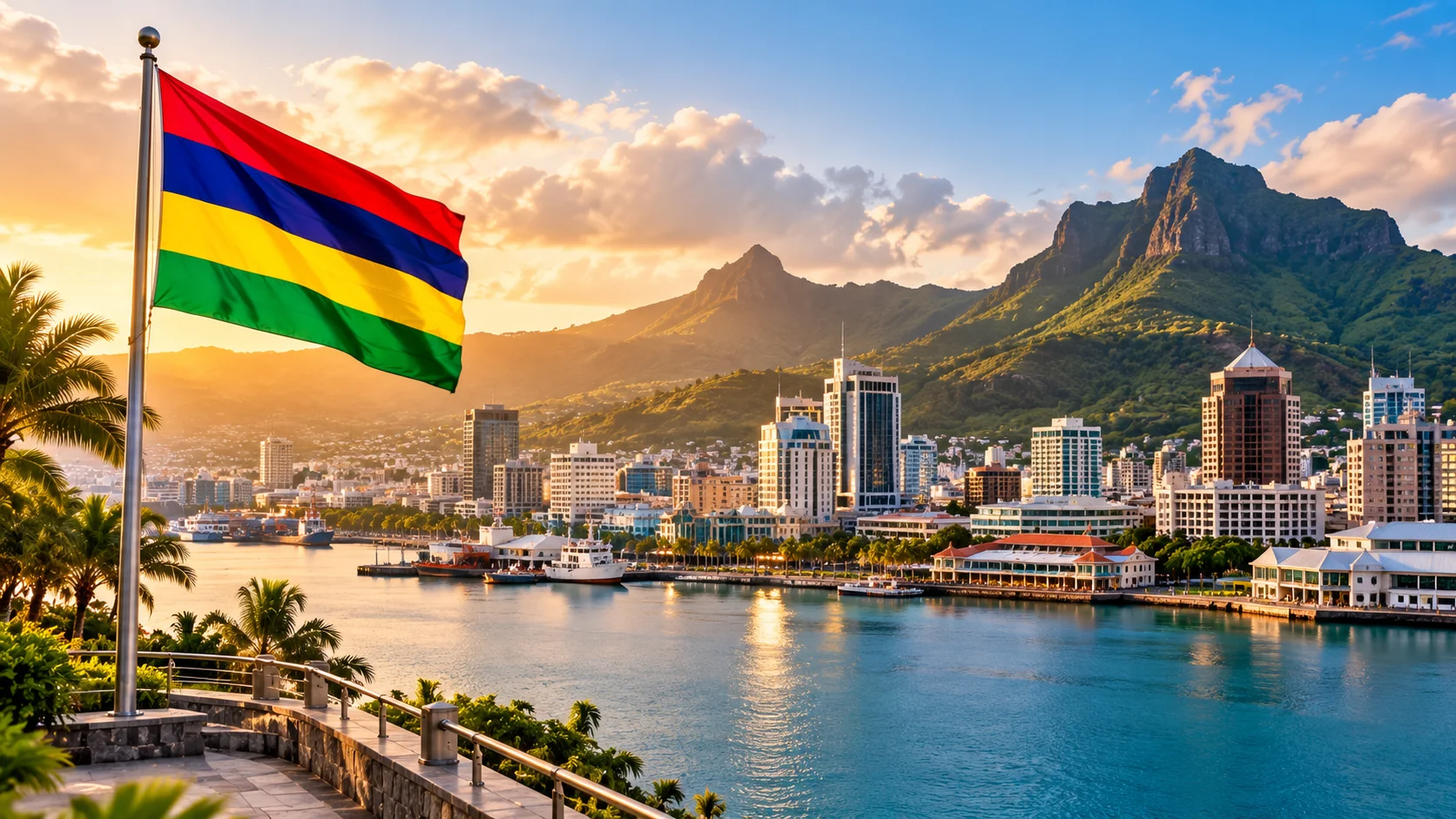 Port Louis harbour with the Mauritius flag
