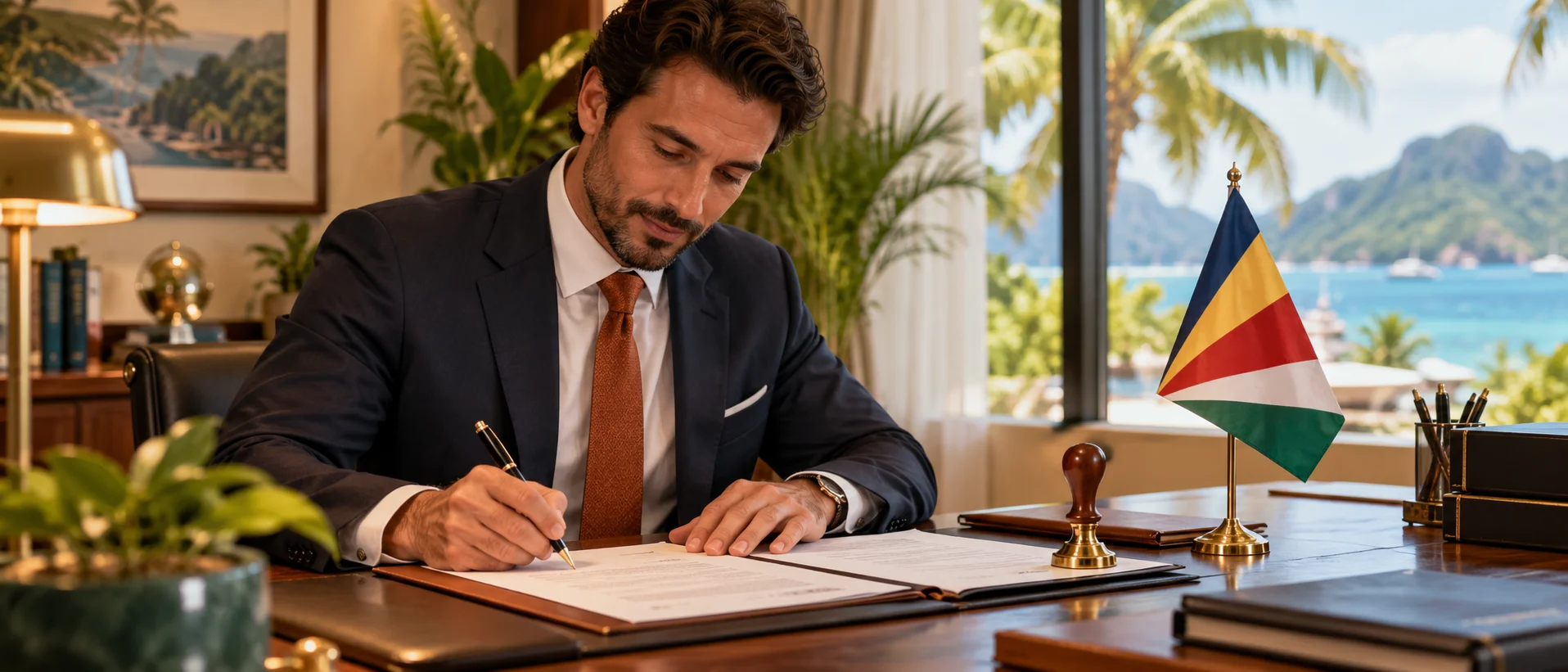 A lawyer at a desk with a seal and Seychelles flag