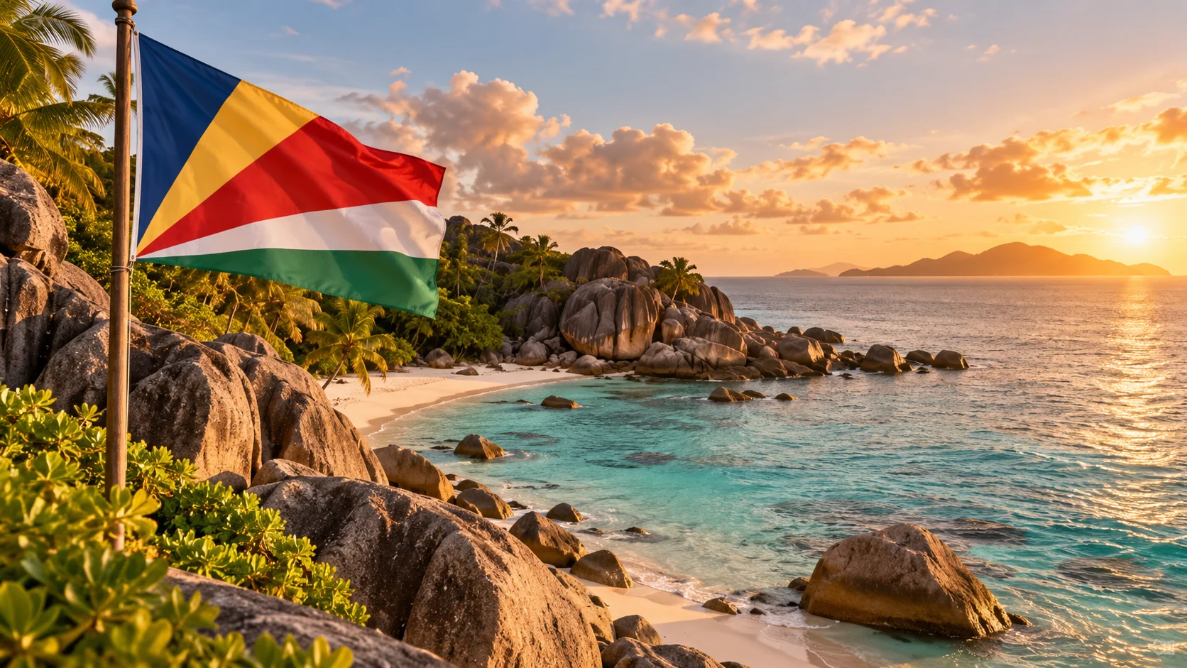 Seychelles granite beach with the national flag