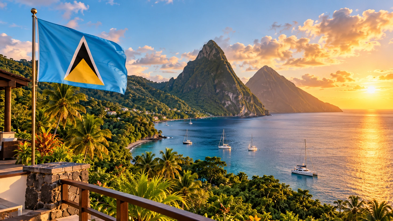 The Pitons at sunrise with the Saint Lucia flag