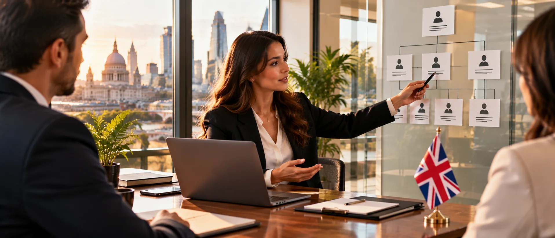 A manager presenting an org chart beside a Union Jack
