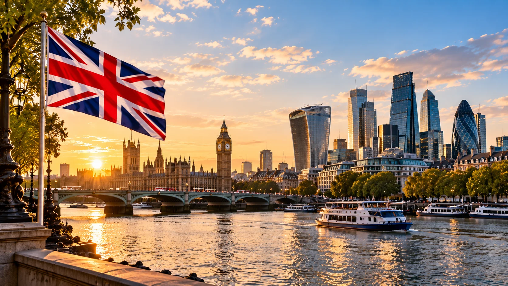 London financial towers with the Union Jack