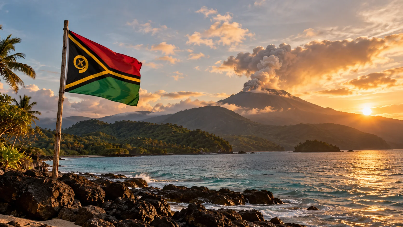 A Vanuatu volcano with the national flag