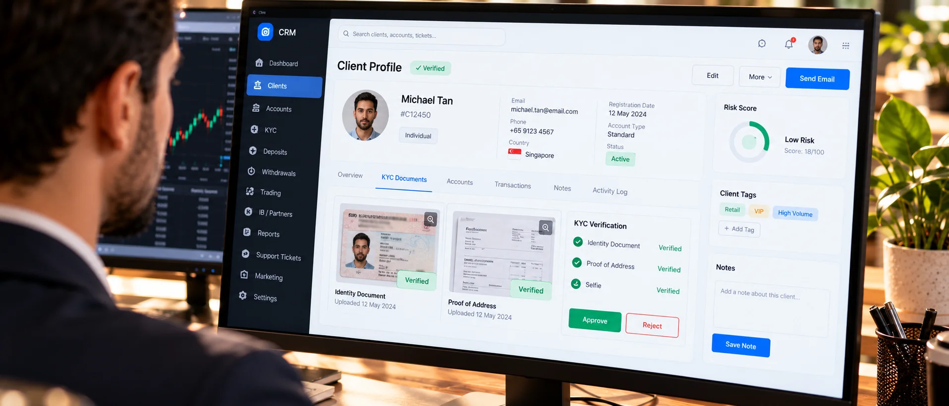 A CRM client profile with an ID thumbnail and Approve button
