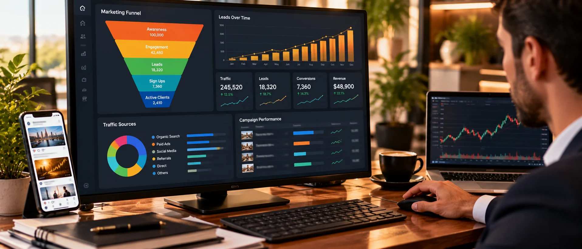 An analytics dashboard with funnel and bars