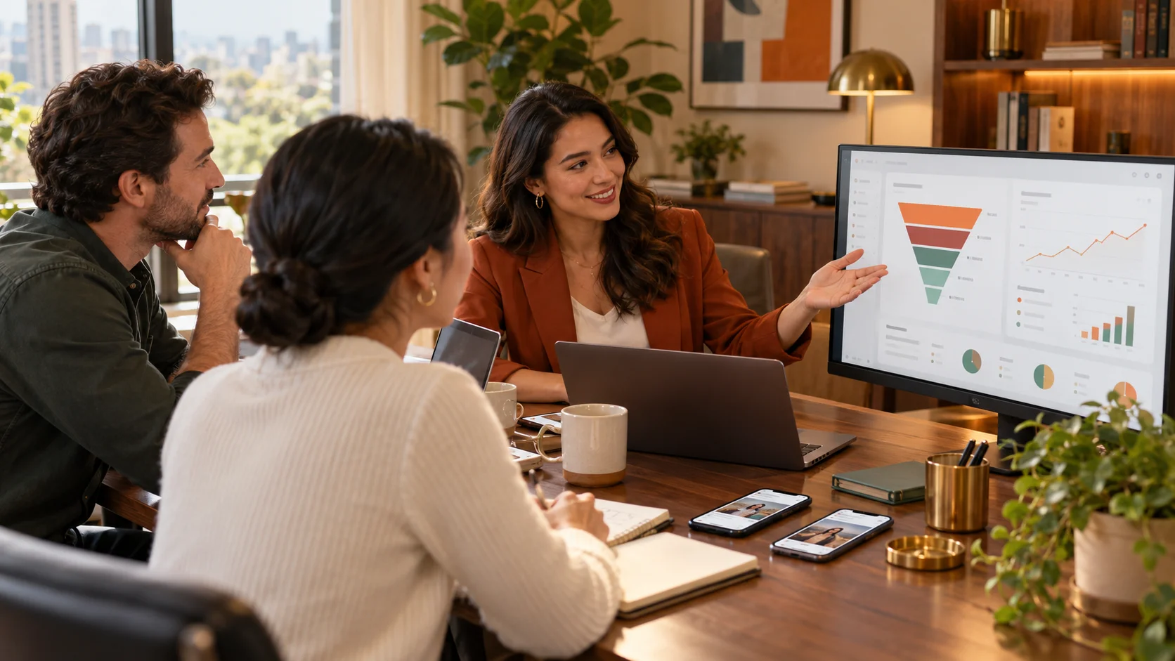 A marketing team reviewing a funnel dashboard