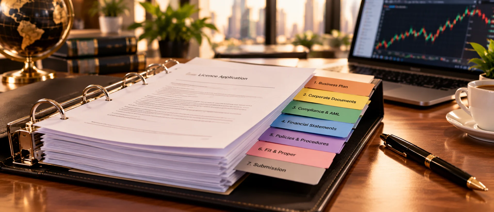 A binder of application documents with index tabs