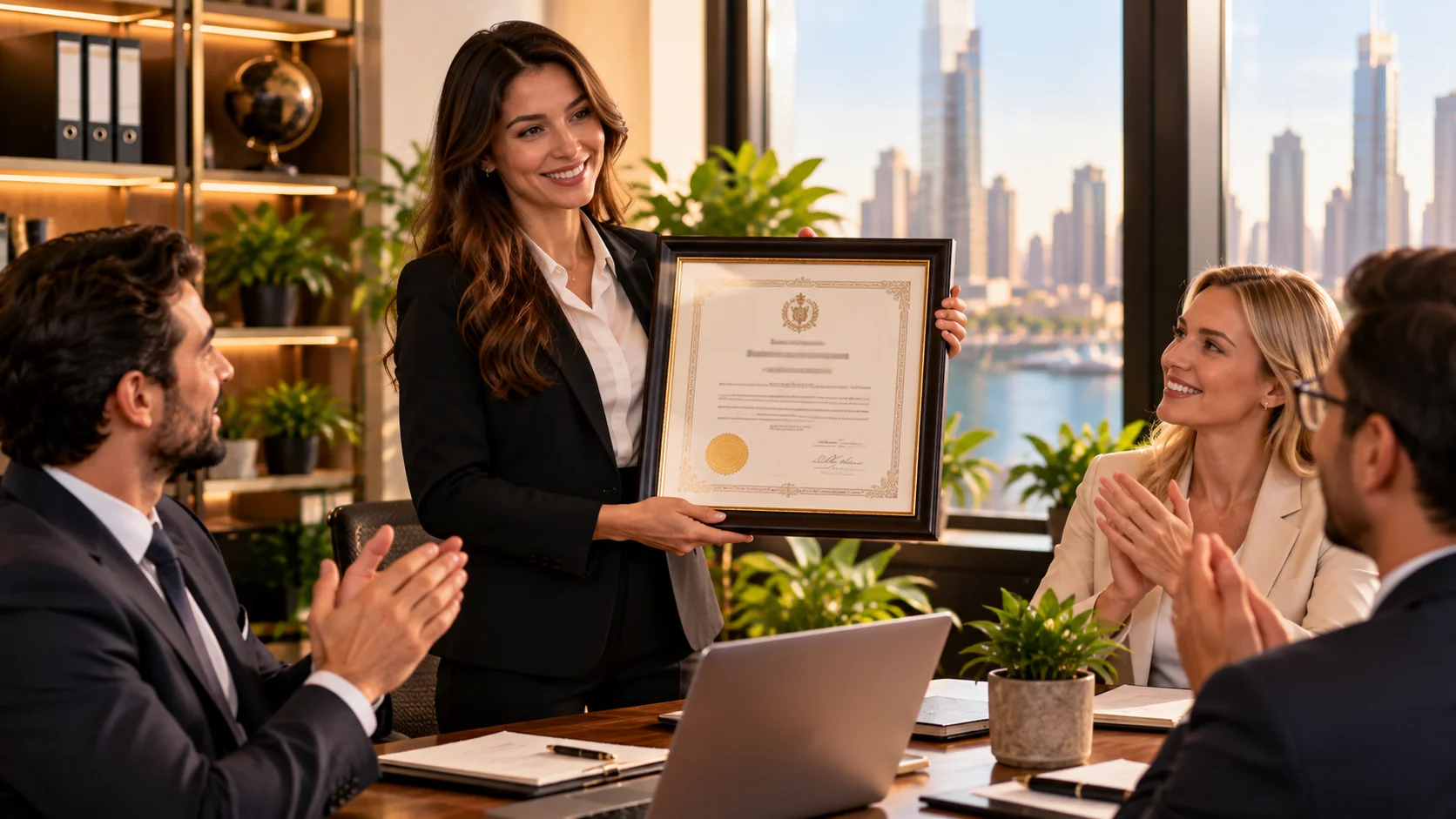 A compliance officer presenting a framed licence certificate