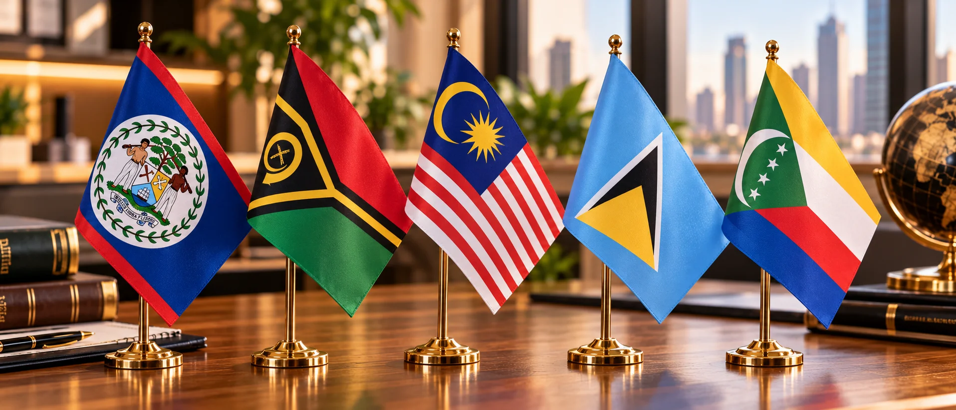 Desk flags of Belize, Vanuatu, Malaysia, Saint Lucia and Comoros