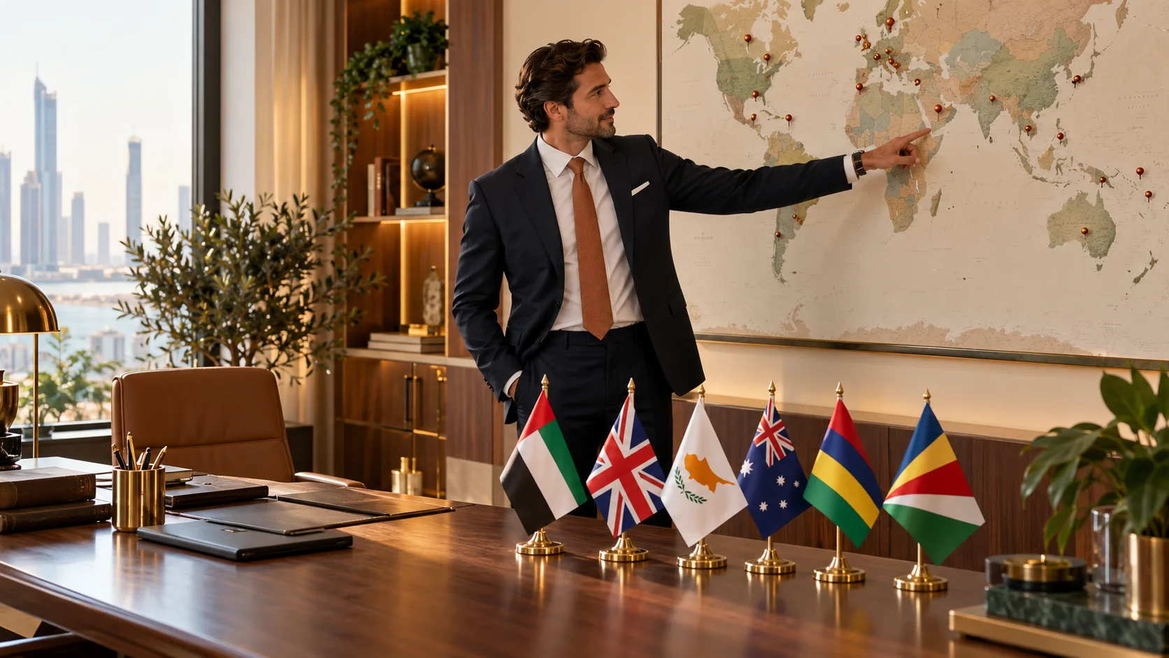 A person pointing at a wall map with national flags on the desk
