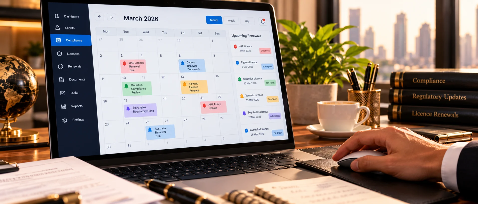 A calendar screen with renewal reminders