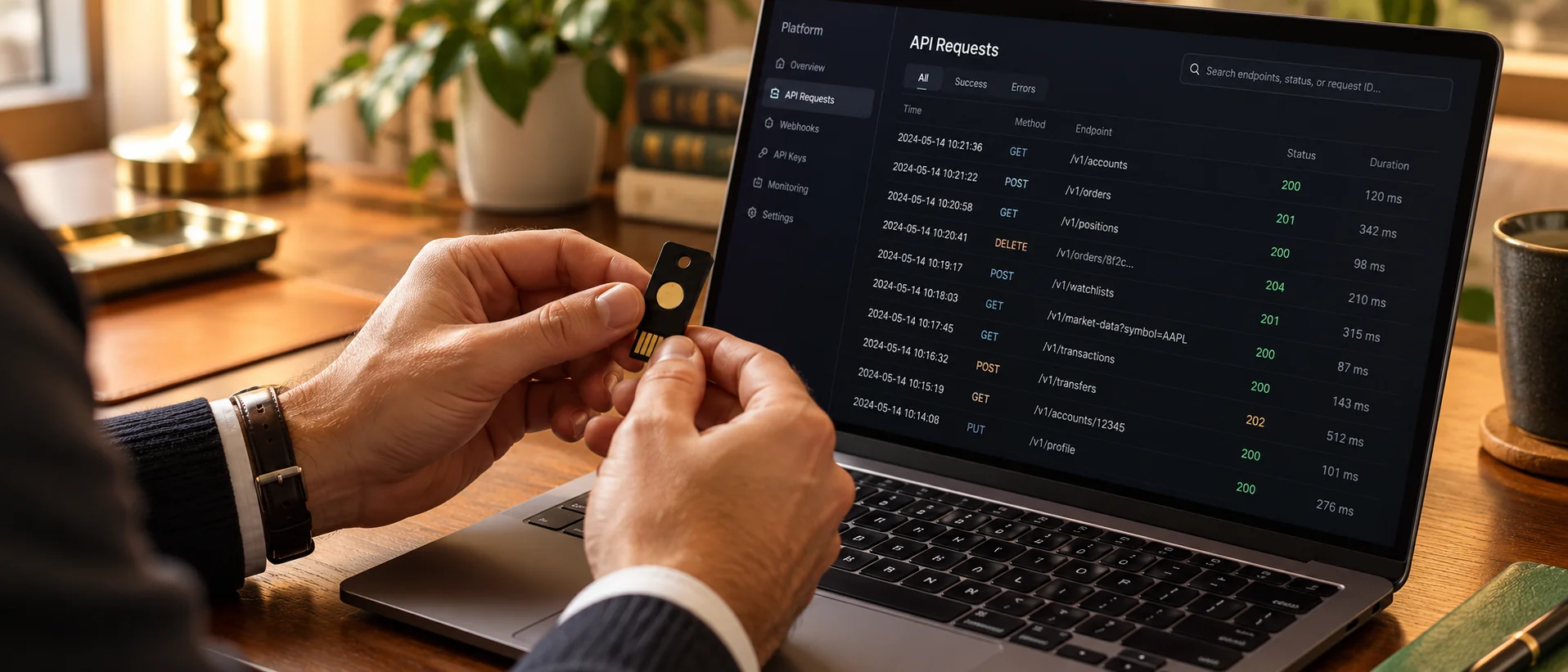 A hardware security key beside an API log screen