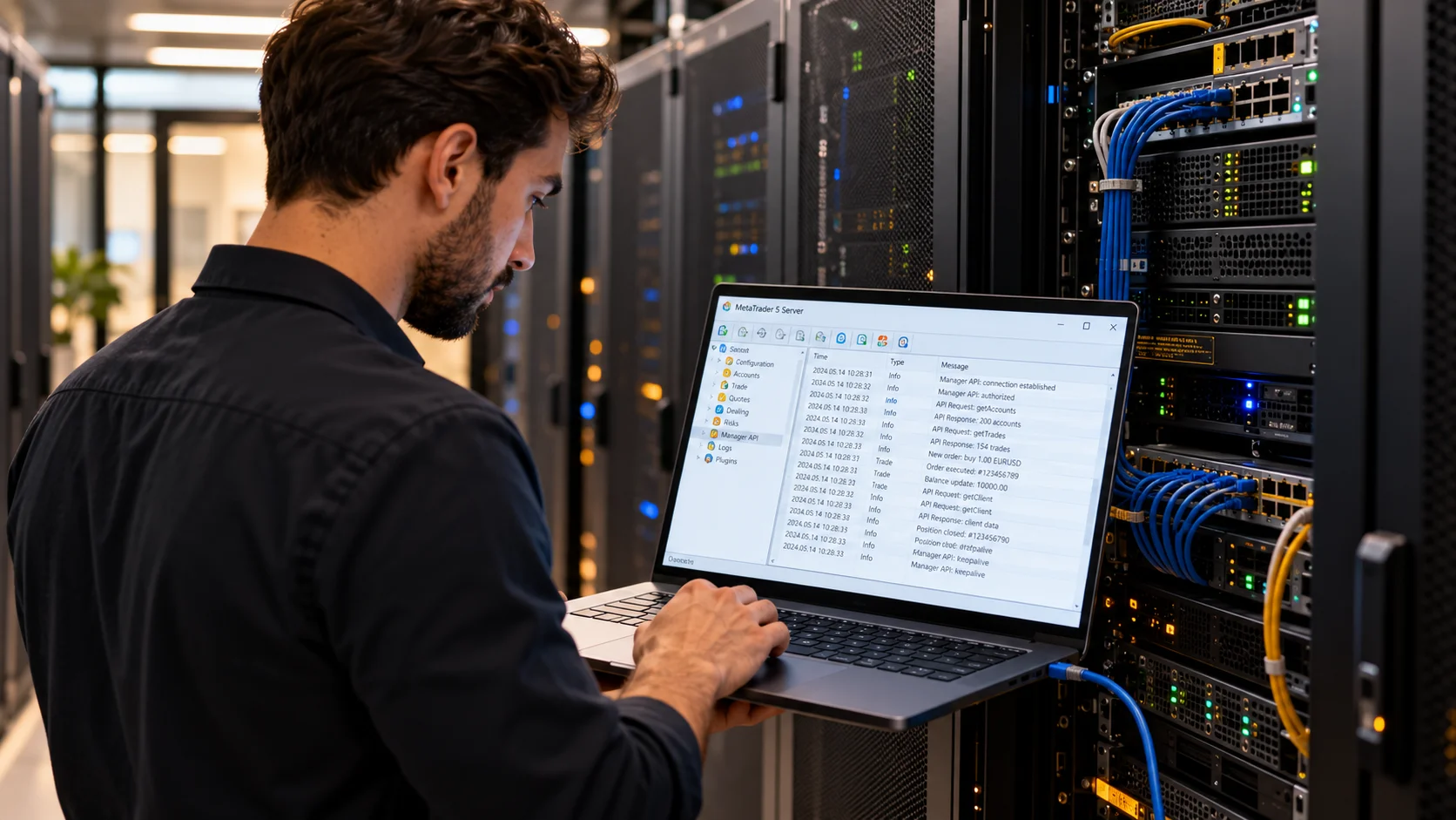 An engineer connected to a server rack