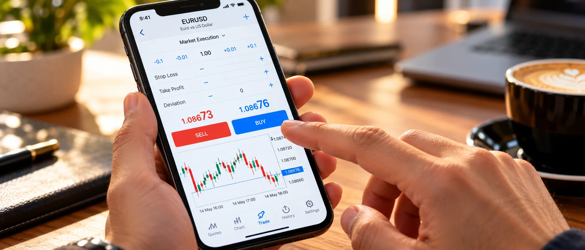 A finger on the MetaTrader 5 mobile trade screen