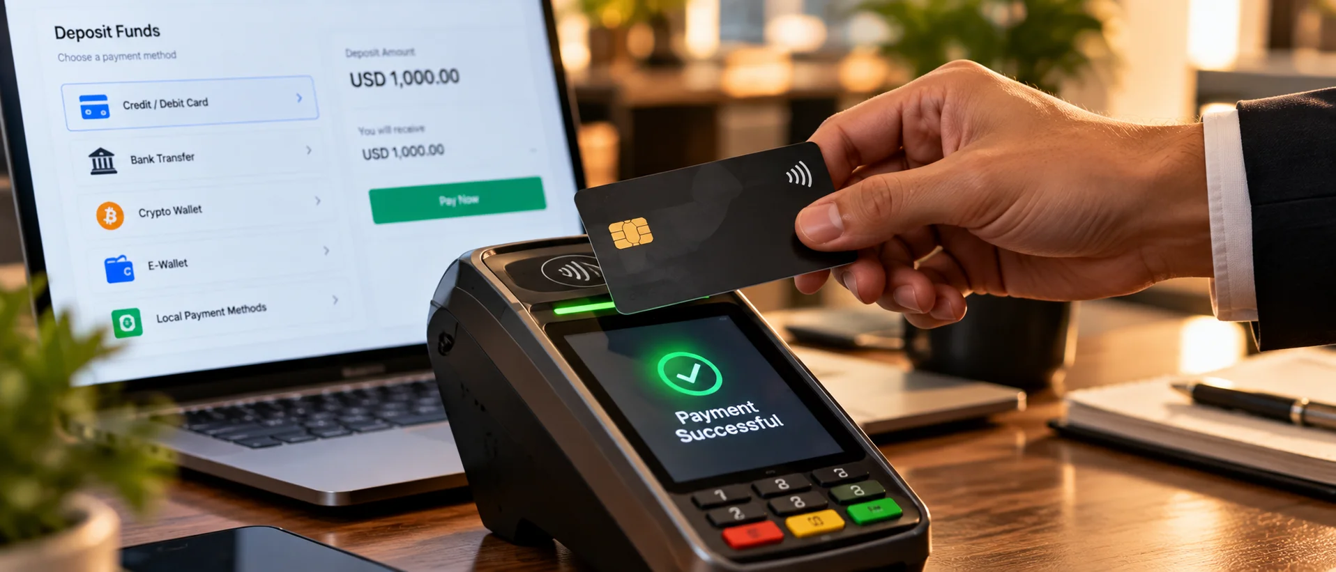 A contactless card tap with a green confirmation
