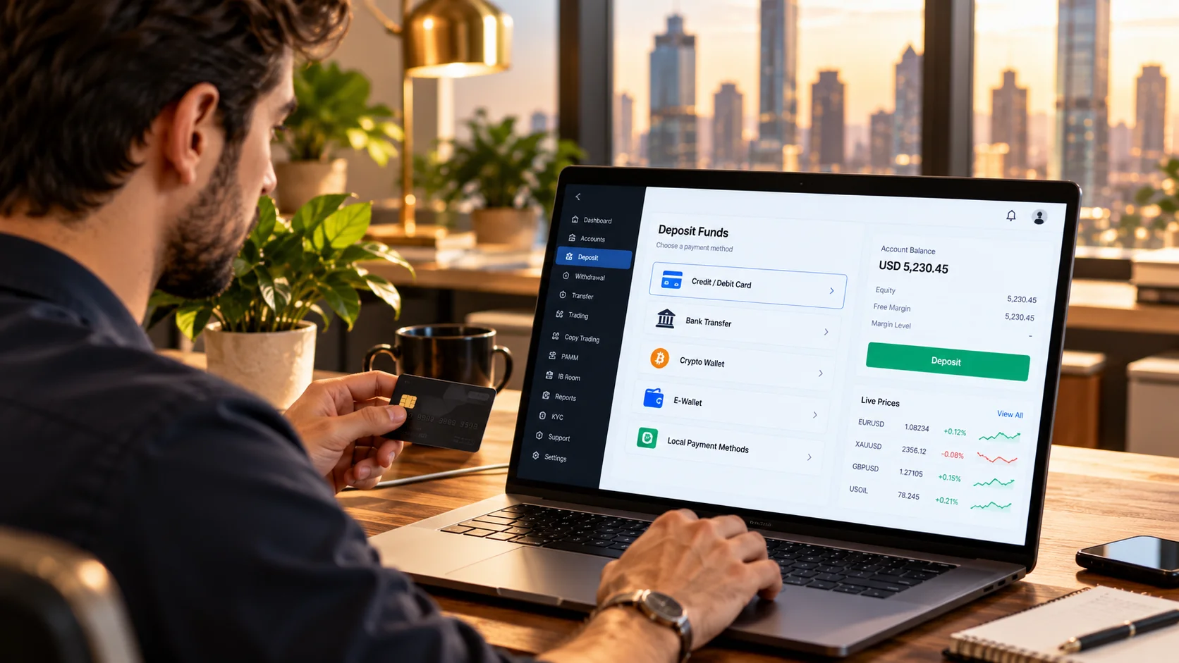 A trader funding an account on a laptop