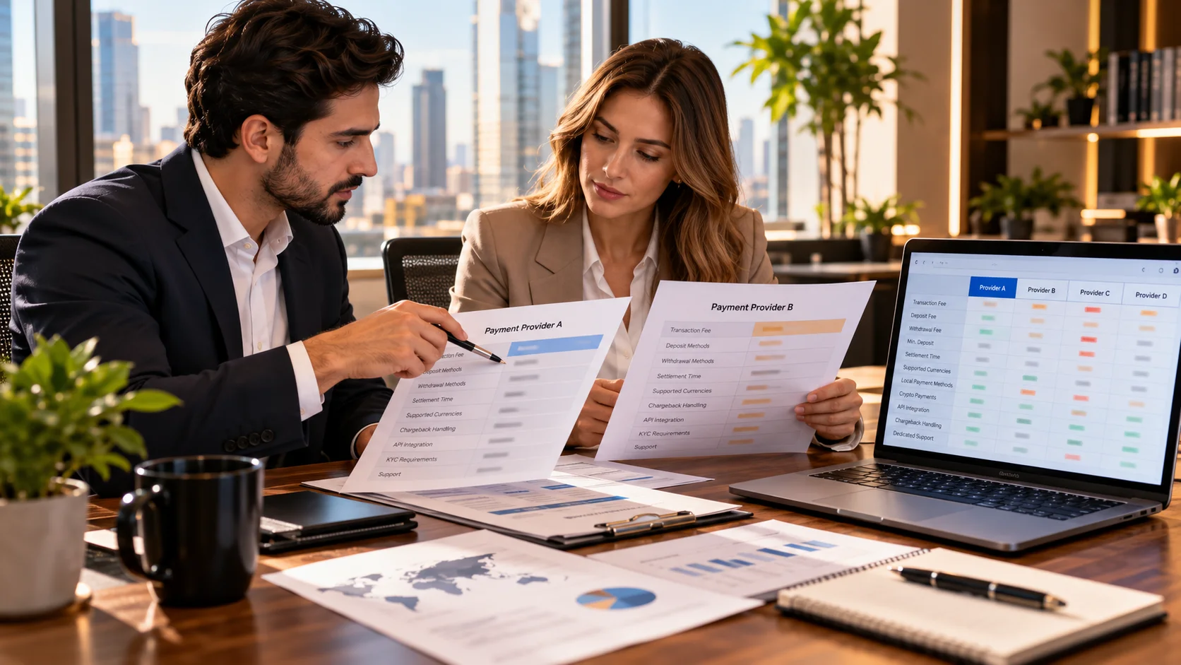 Two finance managers comparing payment providers