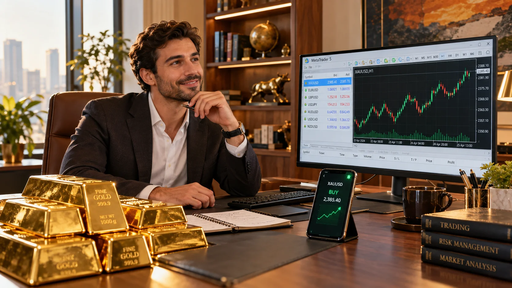 A trader with gold bars and an XAUUSD chart