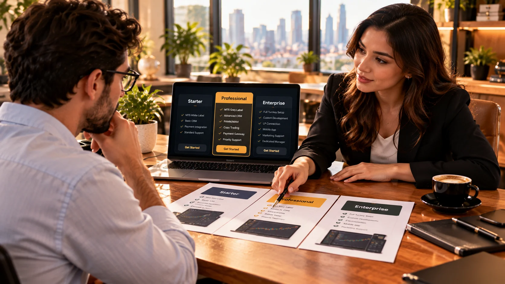 A client and adviser reviewing three package options
