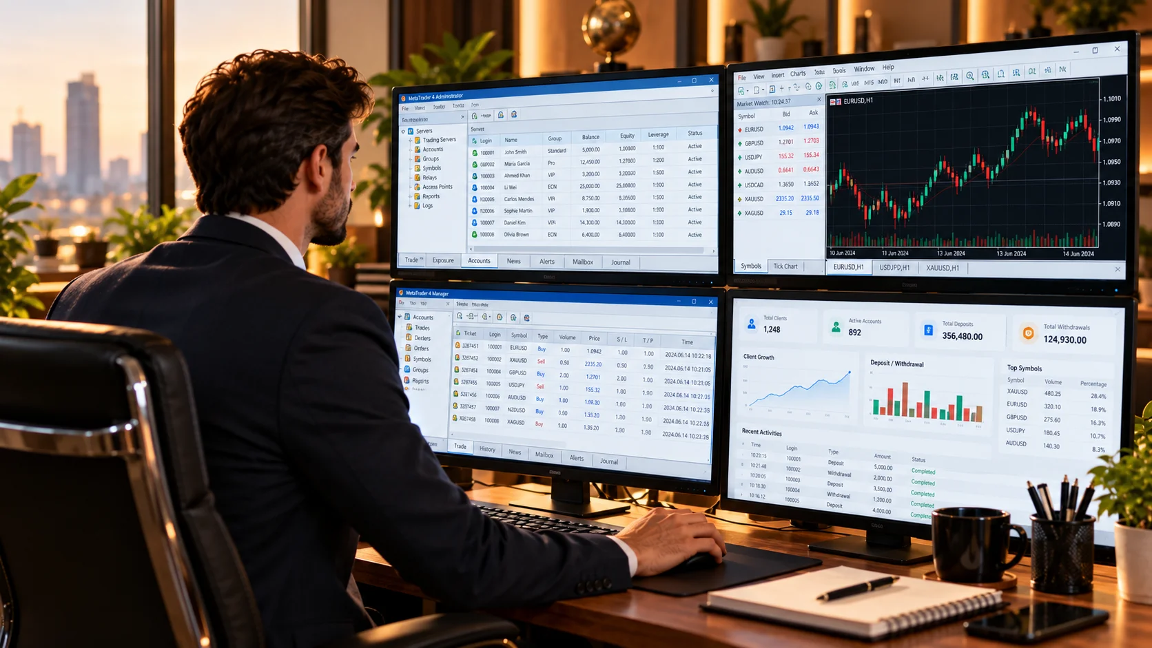 A broker administrator at a multi-monitor control desk