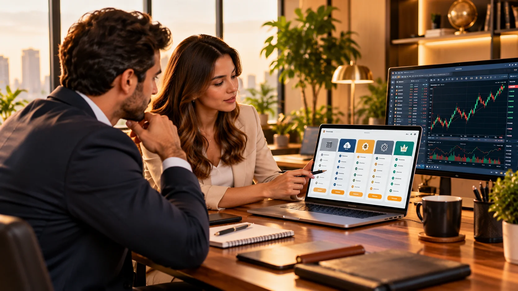 A consultant and a client reviewing setup options on a laptop
