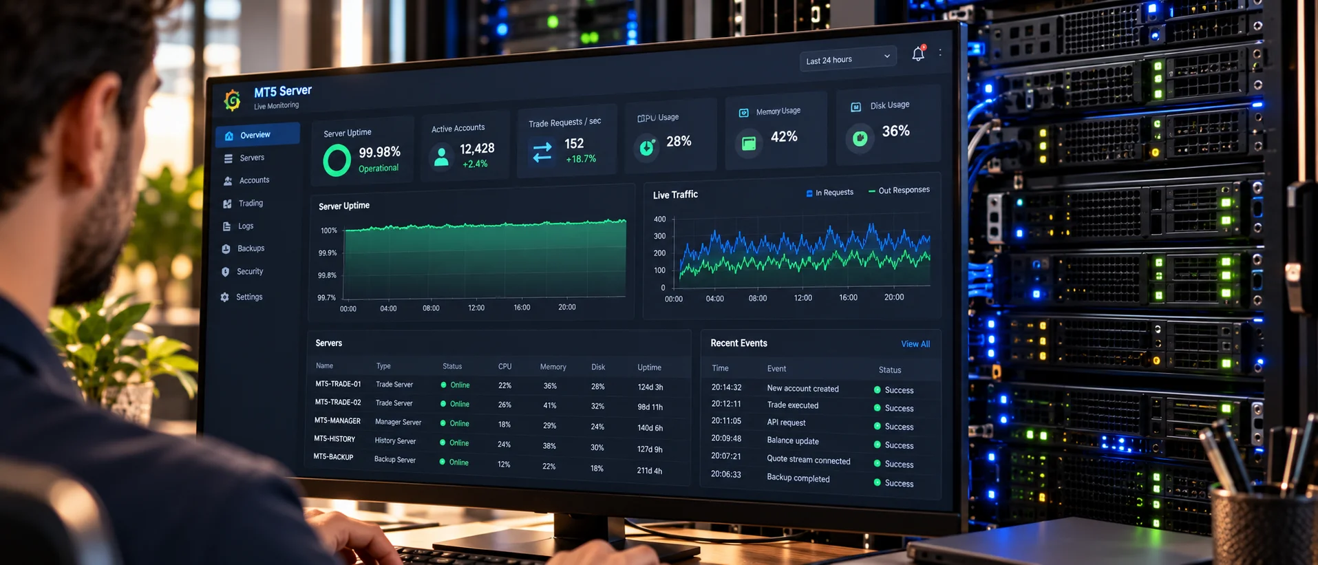 A monitoring dashboard beside a server rack