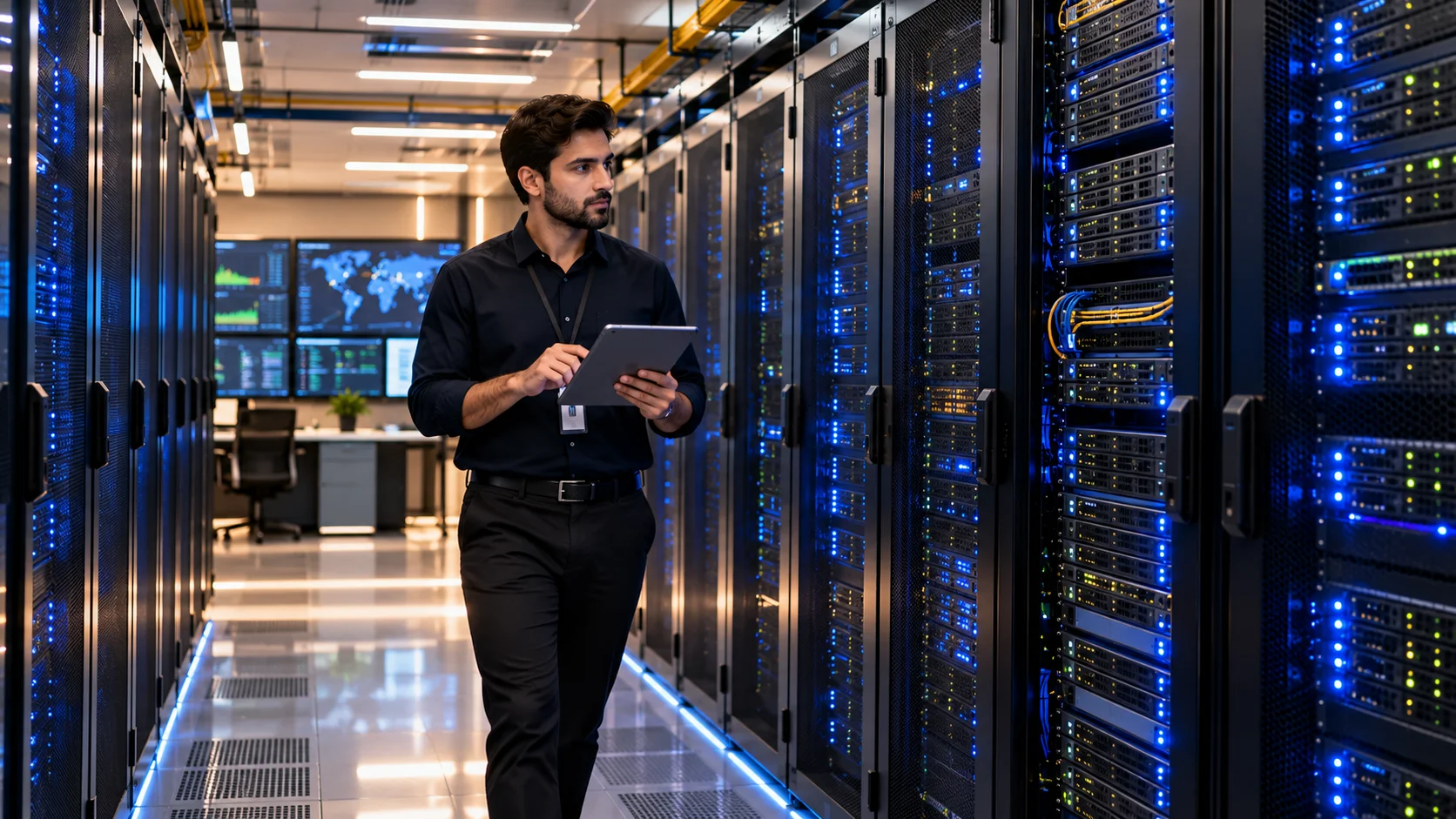 A data-centre engineer walking a server aisle