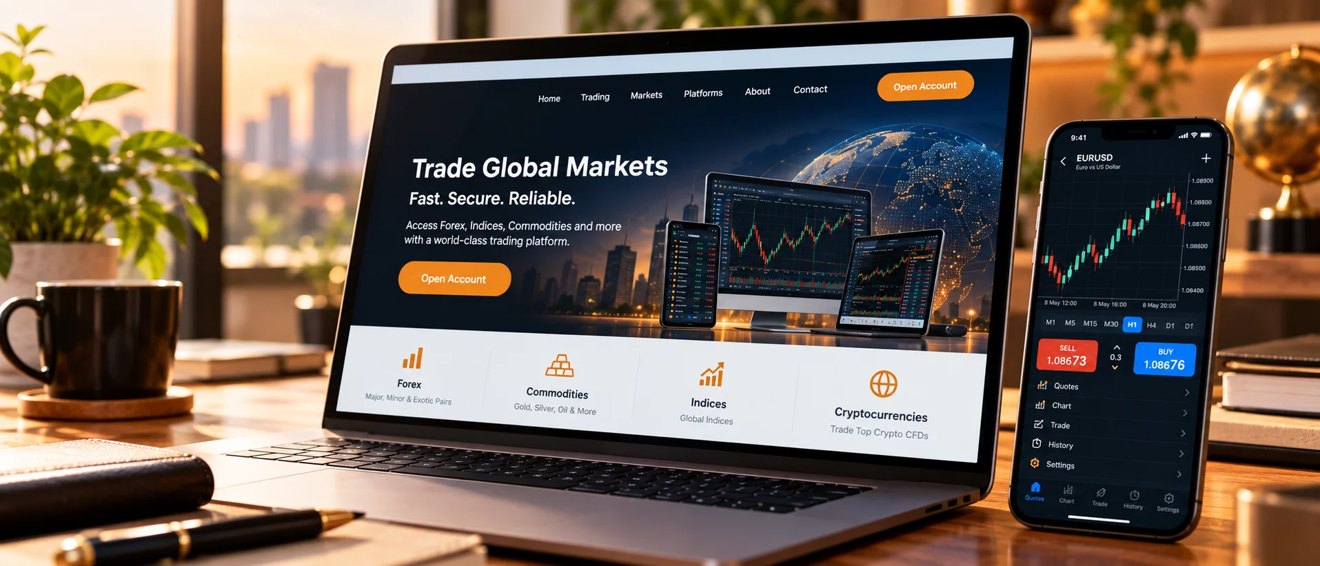 A broker website beside the MetaTrader 5 mobile app