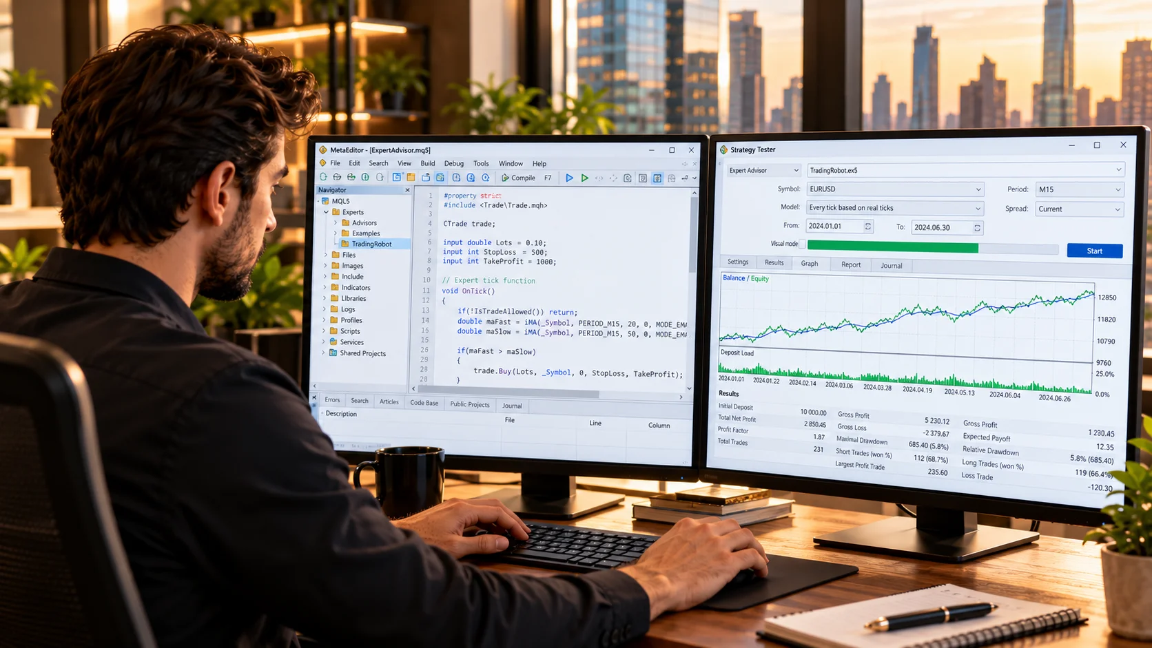 A developer with MetaEditor and the Strategy Tester