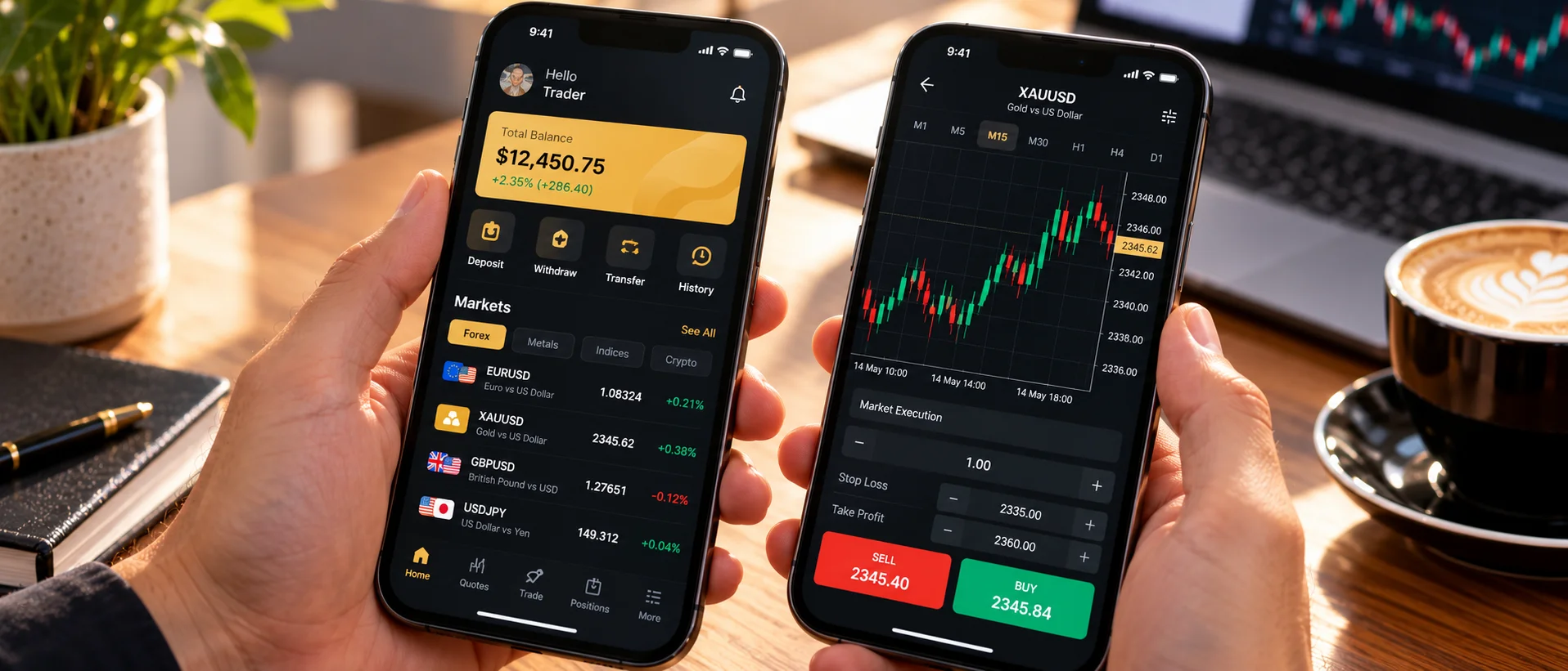 Two phones showing an app home screen and a trade screen