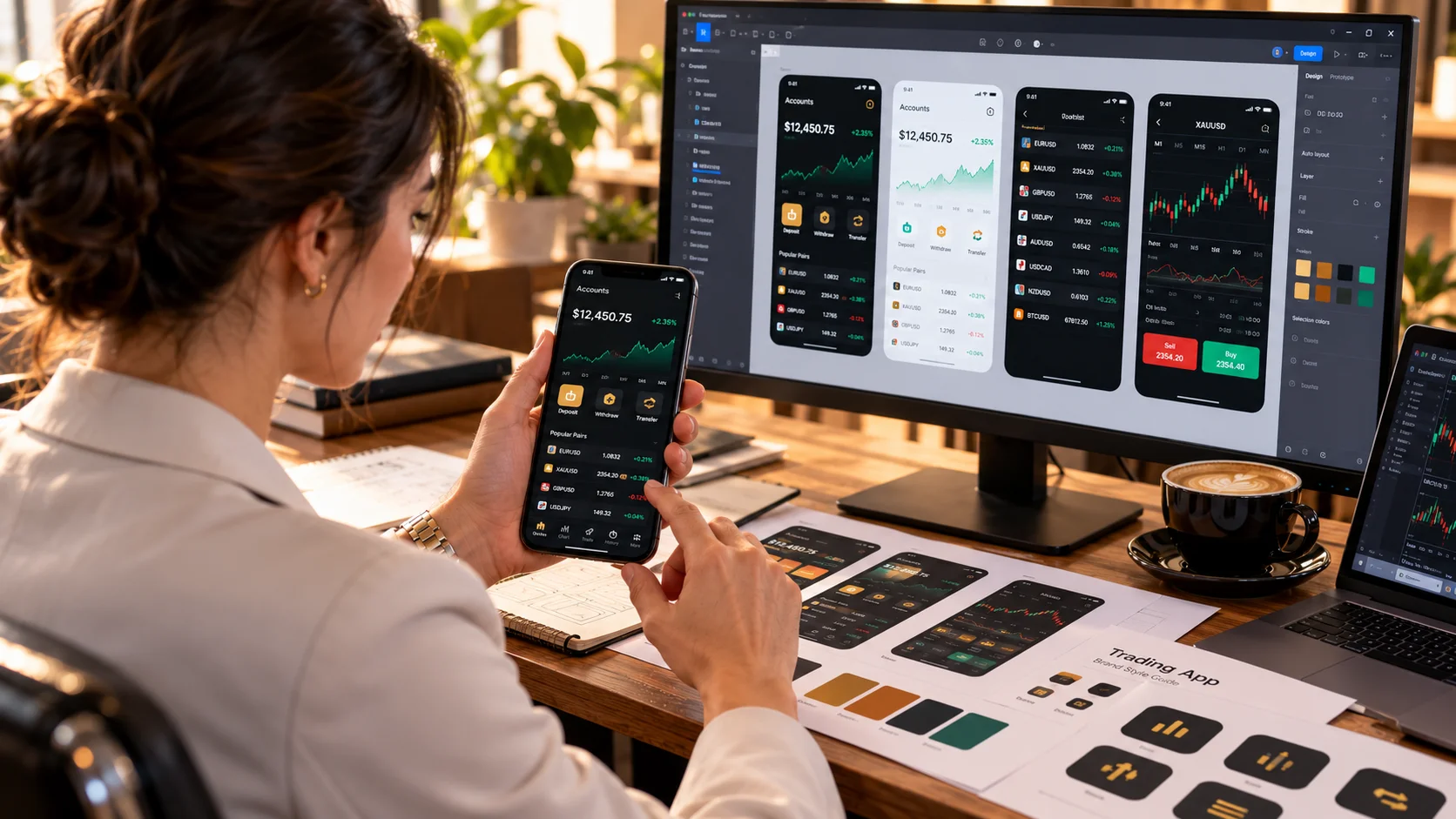 A designer with a branded trading app on a phone